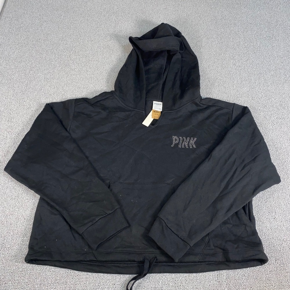 PINK Victoria's Secret Hoodie Women XL Black Rhinestone NWT Pullover Sweatshirt